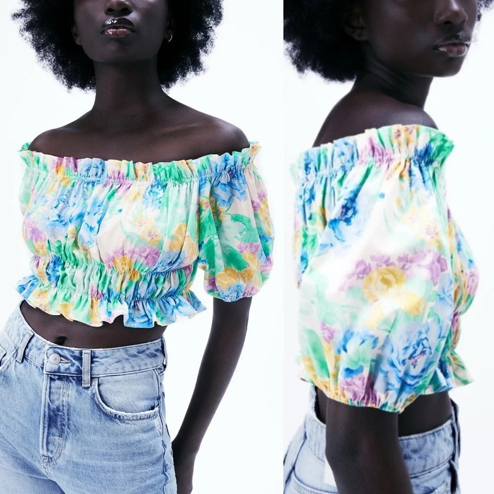 Zara Off Shoulder Puff Sleeve Cropped Top Pastel Floral Cotton Poplin Sz Large